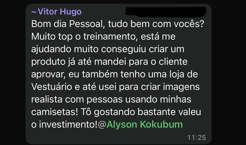 Aluno contando que mandou o produto para o cliente aprovar